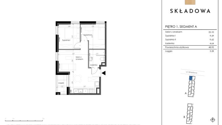 Rzut - Mieszkanie na sprzedaż 3 pokoje o powierzchni 48,95 m² - numer A08 w Apartamenty Składowa
