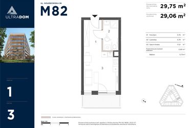 Rzut - Mieszkanie na sprzedaż 1 pokój o powierzchni 29,75 m² - numer M082 w Ultradom