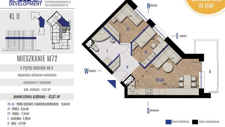 Rzut - Mieszkanie na sprzedaż 3 pokoje o powierzchni 43,67 m² - numer M72 w Żmigrodzka Słoneczny Stok
