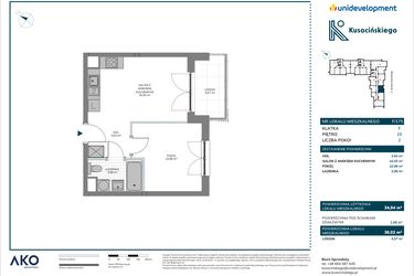 Rzut - Mieszkanie na sprzedaż 1 pokój o powierzchni 36,02 m² - numer F/175 w Kusocińskiego - Budynek B