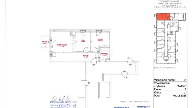 Rzut - Mieszkanie na sprzedaż 3 pokoje o powierzchni 53,4 m² - numer J1-31 w Park Leśny Rembertów etap VIII