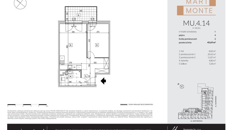Rzut - Mieszkanie na sprzedaż 2 pokoje o powierzchni 45,69 m² - numer MU.4.14 w Marimonte - apartamenty inwestycyjne