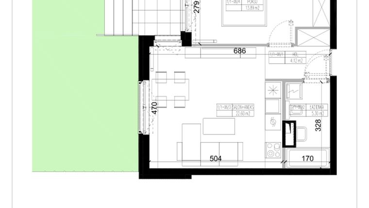 Rzut - Mieszkanie na sprzedaż 2 pokoje o powierzchni 45,91 m² - numer 1.8 w Ogrody Wiślane etap VI