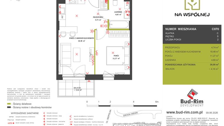 Rzut - Mieszkanie na sprzedaż 2 pokoje o powierzchni 39,09 m² - numer C70 w Na Wspólnej etap 2