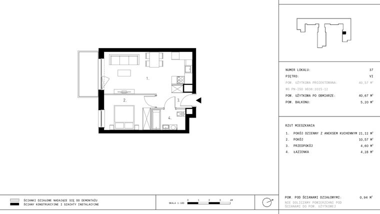 Rzut - Mieszkanie na sprzedaż 2 pokoje o powierzchni 40,67 m² - numer 6.A6 w Staszica 3