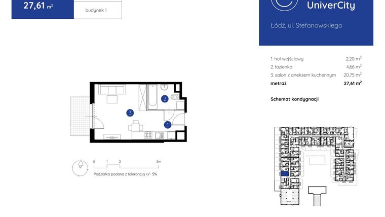Rzut - Mieszkanie na sprzedaż 1 pokój o powierzchni 27,61 m² - numer 1.A.0.01 w Murapol UniverCity