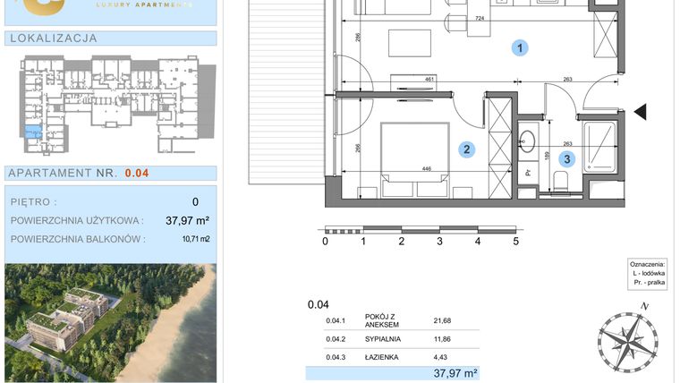 Rzut - Mieszkanie na sprzedaż 1 pokój o powierzchni 37,97 m² - numer 0.4 w Ustronie Luxury Apartments