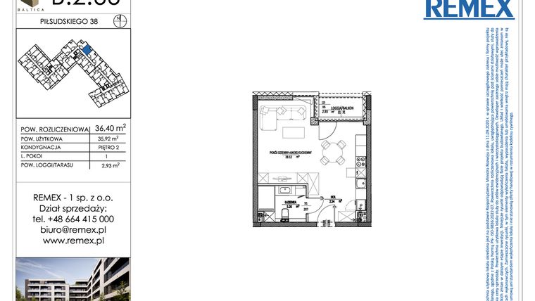 Rzut - Mieszkanie na sprzedaż 1 pokój o powierzchni 36,4 m² - numer B.2.66 w Osiedle BALTICA