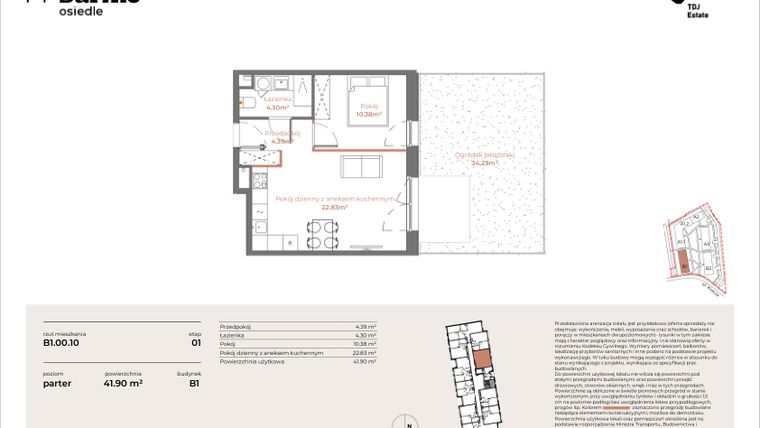 Rzut - Mieszkanie na sprzedaż 2 pokoje o powierzchni 41,9 m² - numer B1-00.10 w Sarnie Osiedle
