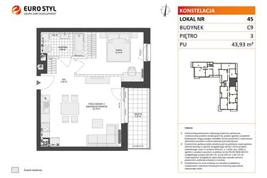 Rzut - Mieszkanie na sprzedaż 2 pokoje o powierzchni 43,93 m² - numer C9.45 w Konstelacja etap V
