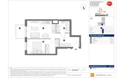 Rzut - Mieszkanie na sprzedaż 2 pokoje o powierzchni 43,57 m² - numer D37 w Osiedle Bokserska 71 Etap 2 Faza 3