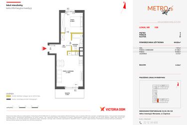 Rzut - Mieszkanie na sprzedaż 2 pokoje o powierzchni 44,82 m² - numer 108 w Metro Art 6