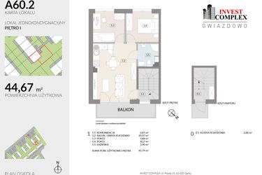 Rzut - Mieszkanie na sprzedaż 3 pokoje o powierzchni 44,67 m² - numer A60.2 w Osiedle Gwiazdowo etap 6B