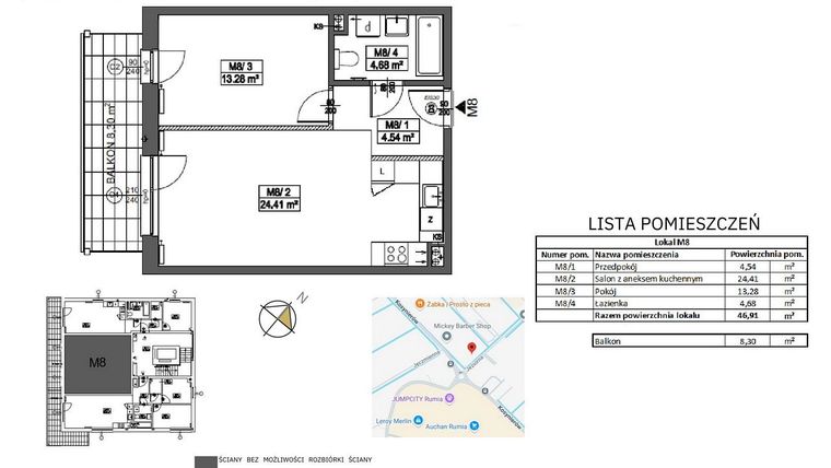 Rzut - Mieszkanie na sprzedaż 2 pokoje o powierzchni 46,91 m² - numer M8 w Jeziorna 1