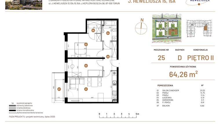 Rzut - Mieszkanie na sprzedaż 3 pokoje o powierzchni 64,26 m² - numer JAR-IV-D-LM-M25 w Osiedle JAR Heweliusza etap IV