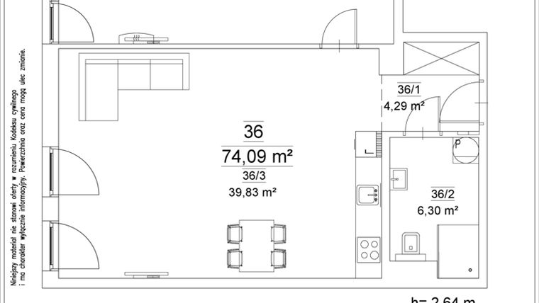Rzut - Mieszkanie na sprzedaż 2 pokoje o powierzchni 74,09 m² - numer 36 w Osiedle Teatralne 19