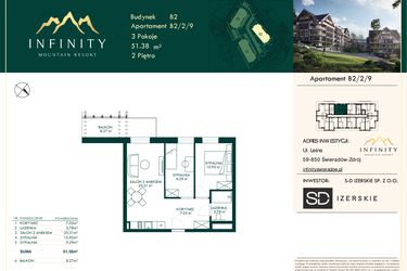 Rzut - Mieszkanie na sprzedaż 3 pokoje o powierzchni 51,38 m² - numer B2.2.9 w Infinity Mountain Resort