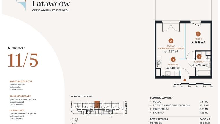 Rzut - Mieszkanie na sprzedaż 2 pokoje o powierzchni 34,33 m² - numer C11-5 w Osiedle Latawców
