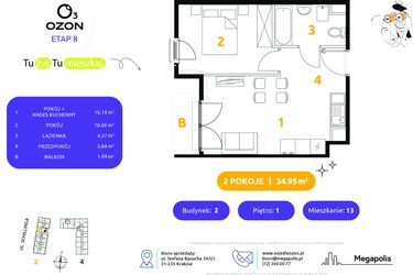 Rzut - Mieszkanie na sprzedaż 2 pokoje o powierzchni 34,95 m² - numer 2.13 w Osiedle Ozon etap VIII