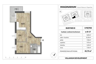 Rzut - Mieszkanie na sprzedaż 3 pokoje o powierzchni 45,75 m² - numer 17 w Imaginarium Kazuń Nowy - bud. B