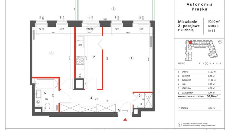 Rzut - Mieszkanie na sprzedaż 2 pokoje o powierzchni 50,3 m² - numer 56 w Autonomia Praska