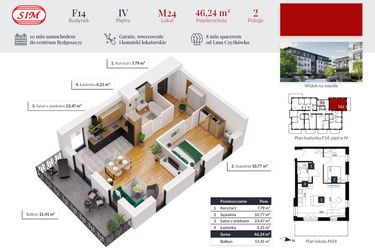 Rzut - Mieszkanie na sprzedaż 2 pokoje o powierzchni 46,24 m² - numer 24 w Tęczowy Zakątek F-14