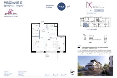 Rzut - Mieszkanie na sprzedaż 2 pokoje o powierzchni 48,1 m² - numer A1-17 w Park Mielecka