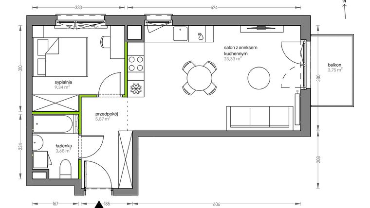 Rzut - Mieszkanie na sprzedaż 2 pokoje o powierzchni 42,12 m² - numer F.087 w City Vibe