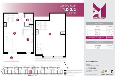 Rzut - Mieszkanie na sprzedaż 2 pokoje o powierzchni 77,19 m² - numer 1.D.2.2 w Maślice Wrocław Milo Dobry Deweloper etap IV