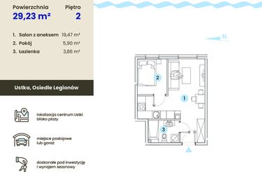 Rzut - Mieszkanie na sprzedaż 1 pokój o powierzchni 29,23 m² - numer 2.1 w Ustka Flow