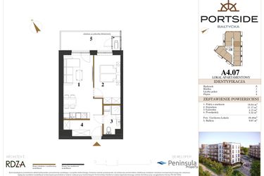 Rzut - Mieszkanie na sprzedaż 2 pokoje o powierzchni 39,48 m² - numer A4.07 w Portside Bałtycka