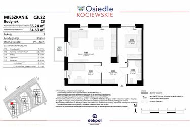 Rzut - Mieszkanie na sprzedaż 3 pokoje o powierzchni 54,69 m² - numer C3.22 w Osiedle Kociewskie etap III