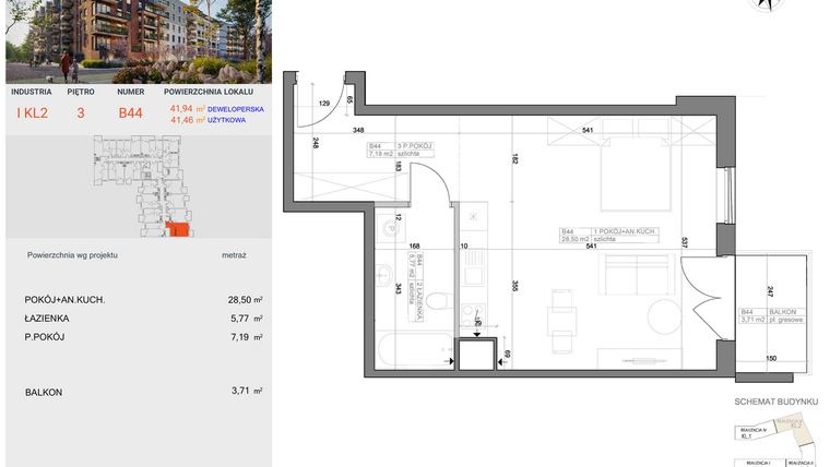 Rzut - Mieszkanie na sprzedaż 1 pokój o powierzchni 41,46 m² - numer I-B44 w Industria etap I-B