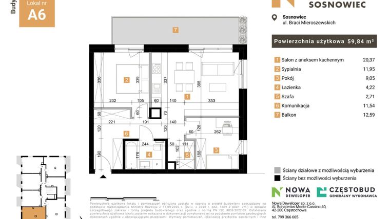 Rzut - Mieszkanie na sprzedaż 3 pokoje o powierzchni 59,84 m² - numer 6 w Nowy Sosnowiec