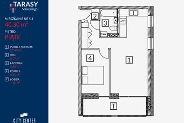 Rzut - Mieszkanie na sprzedaż 2 pokoje o powierzchni 40,3 m² - numer B2.M.5.3 w Tarasy Sobieskiego