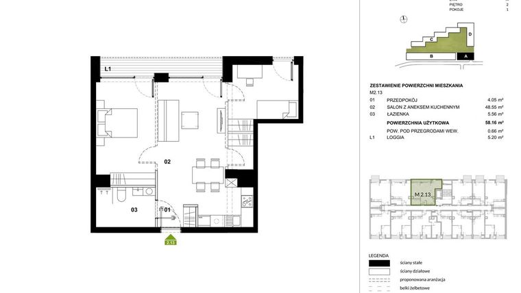 Rzut - Mieszkanie na sprzedaż 1 pokój o powierzchni 58,16 m² - numer A.2.13 w Kozielska Park