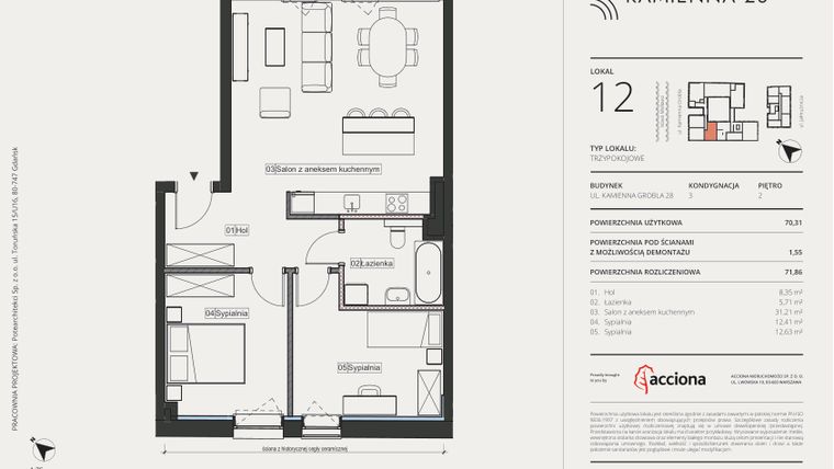 Rzut - Mieszkanie na sprzedaż 3 pokoje o powierzchni 71,86 m² - numer 12 w Kamienna 28