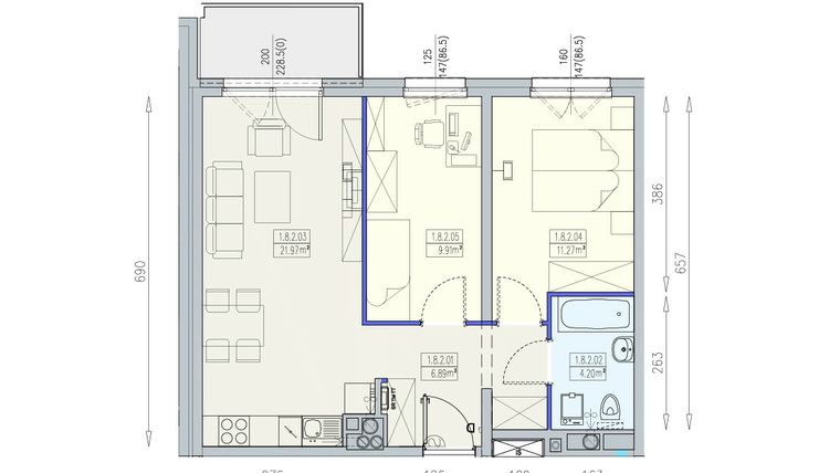Rzut - Mieszkanie na sprzedaż 3 pokoje o powierzchni 54,24 m² - numer K1 1/8/2/3a w Południk 17 - budynek K1