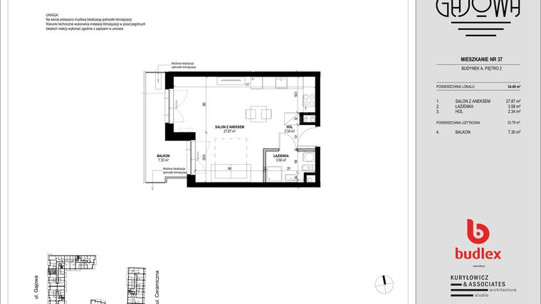 Rzut - Mieszkanie na sprzedaż 1 pokój o powierzchni 34,53 m² - numer 37 w Gajowa bud. A