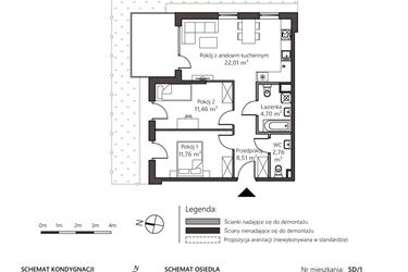 Rzut - Mieszkanie na sprzedaż 3 pokoje o powierzchni 61,2 m² - numer 5D/1 w Nowy Goszyn
