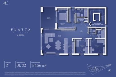 Rzut - Mieszkanie na sprzedaż 4 pokoje o powierzchni 134,56 m² - numer D.01 w Flatta Wilanów