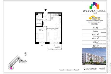 Rzut - Mieszkanie na sprzedaż 2 pokoje o powierzchni 49,51 m² - numer A.4.45 w Wesoła House Etap II