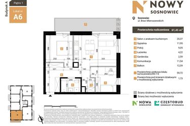Rzut - Mieszkanie na sprzedaż 3 pokoje o powierzchni 61,45 m² - numer A6 w Nowy Sosnowiec