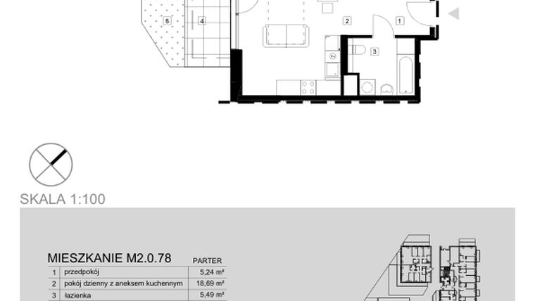 Rzut - Mieszkanie na sprzedaż 1 pokój o powierzchni 29,42 m² - numer M2.0.78 w Modern Helenów