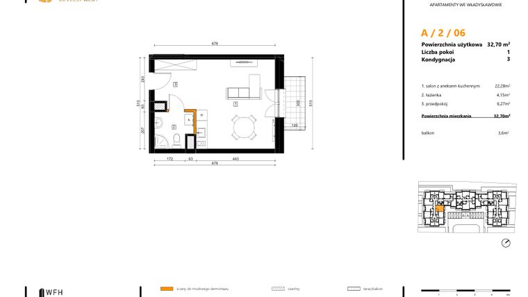 Rzut - Mieszkanie na sprzedaż 1 pokój o powierzchni 32,7 m² - numer A.2.06 w SPOT