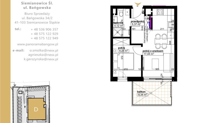 Rzut - Mieszkanie na sprzedaż 2 pokoje o powierzchni 36,21 m² - numer D.4.6 w Panorama Bańgów Etap II