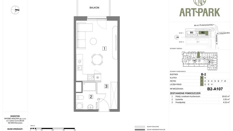 Rzut - Mieszkanie na sprzedaż 1 pokój o powierzchni 29,1 m² - numer B.2.A107 w Inhome Osiedle ArtPark etap I