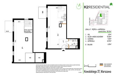 Rzut - Mieszkanie na sprzedaż 1 pokój o powierzchni 102,22 m² - numer 47 w Kowalskiego 37