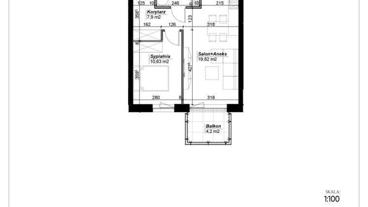 Rzut - Mieszkanie na sprzedaż 2 pokoje o powierzchni 42,09 m² - numer D.23 w Narcyzowe Wzgórza II