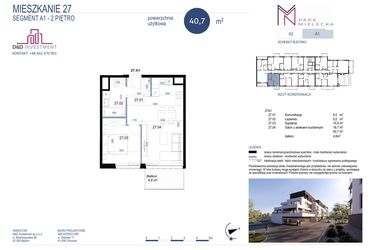 Rzut - Mieszkanie na sprzedaż 2 pokoje o powierzchni 40,7 m² - numer A1-27 w Park Mielecka